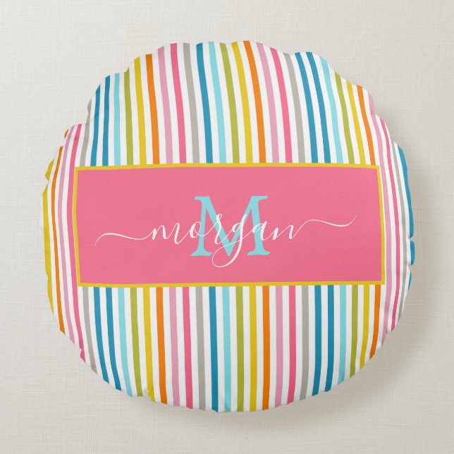 Summer Rainbow Strips Monogram Script Rundes Kissen (Vorderseite)
