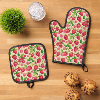 Summer Raspberry Garden Botanical Fruit Pattern Ofenhandschuh & Topflappen-Set