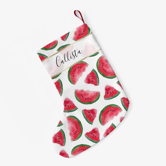 Summer Red Green Watermelon Wasserfarbenes Muster Kleiner Weihnachtsstrumpf (Rückseite (Hängend))