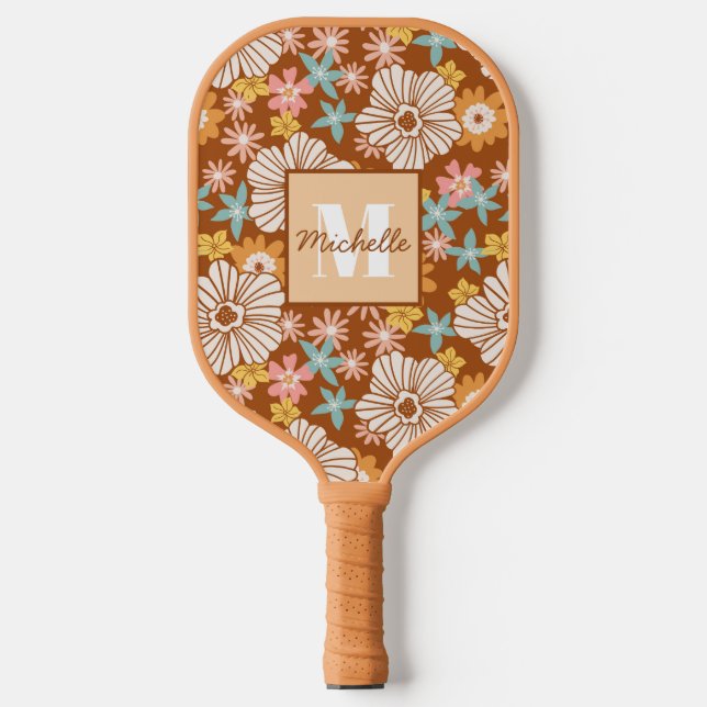 Summer Retro Blume | Monogramm Pickleball Schläger (Vorderseite)
