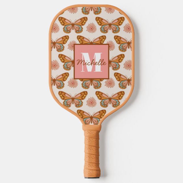 Summer Retro Butterfly | Monogramm Pickleball Schläger (Vorderseite)