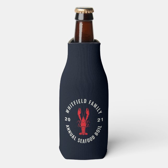 Summer Seafood Boil Party Custom Navy Blue Flaschenkühler (Flaschenvorderseite)