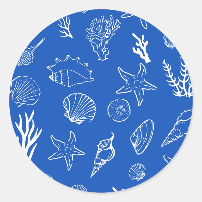 Summer Seashells Frame Beach Wedding Blue Runder Aufkleber (Vorderseite)