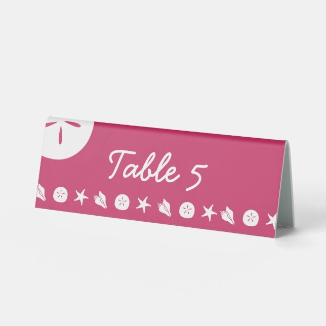Summer Seashells in Raspberry Table Zelt Sign Tischaufsteller (Vorderseite)