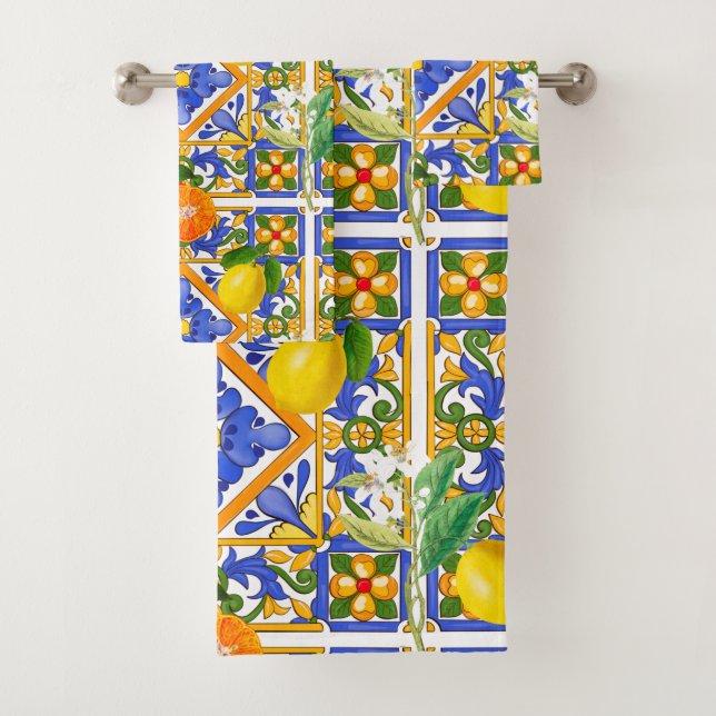 Summer ,Sicilian tiles ,citrus,oranges,majolica    Badhandtuch Set (Insitu)