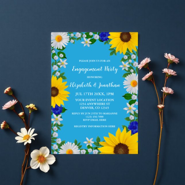Summer Sky Blue Flora Engagement Party Einladung (Von Creator hochgeladen)