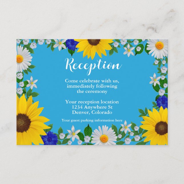 Summer Sky Blue Floral Hochzeitsempfang Begleitkarte (Vorderseite)