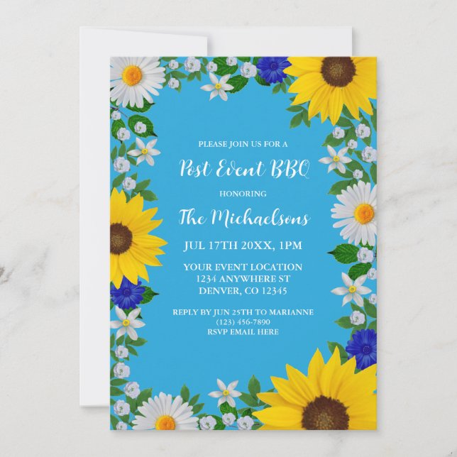 Summer Sky Blue Floral Post Hochzeitsseminar GRILL Einladung (Vorderseite)