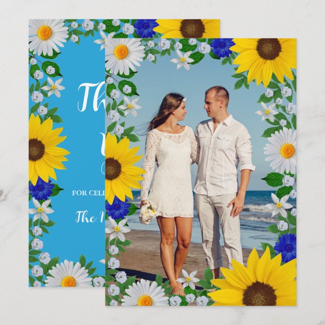 Summer Sky Blue Floral Wedding Dankeskarte (Vorne/Hinten)
