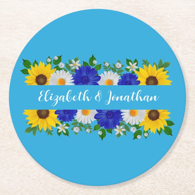 Summer Sky Blue Floral Wedding Runder Pappuntersetzer (Vorderseite)