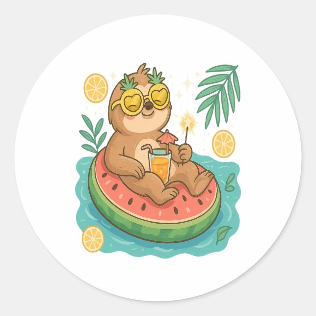 Summer Sloth Pool Floating Runder Aufkleber (Vorderseite)