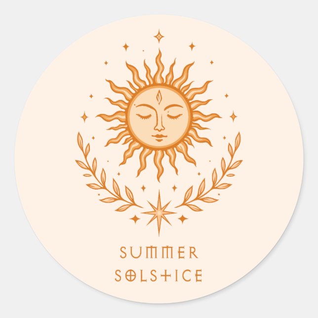 Summer Solstice Celestial Sun Face Botanical Art Runder Aufkleber (Vorderseite)