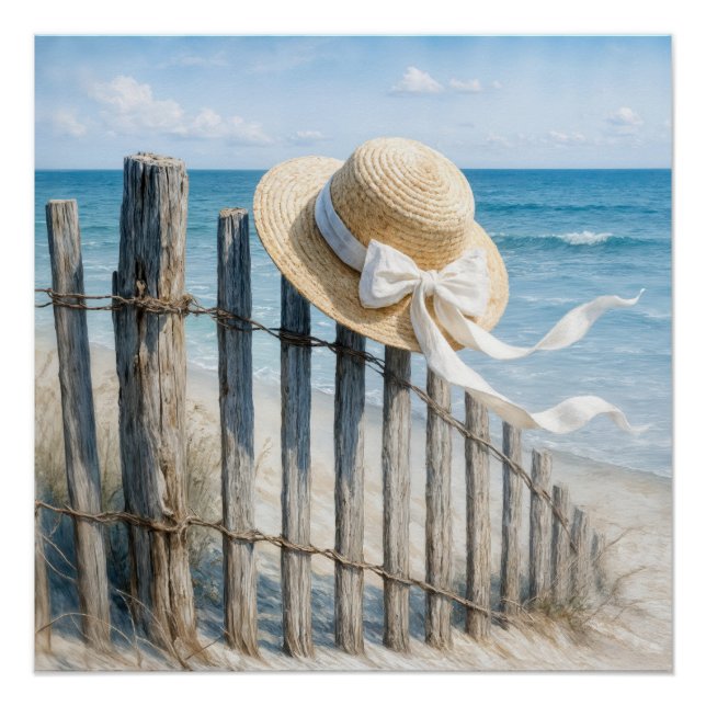 Summer Straw Hat On Beach Fence Poster (Vorderseite)