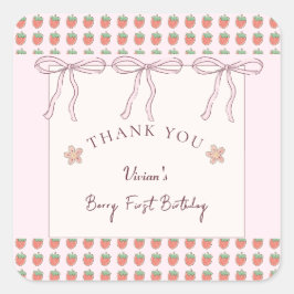 Summer Strawberries Pink Ribbon Danke Quadratischer Aufkleber