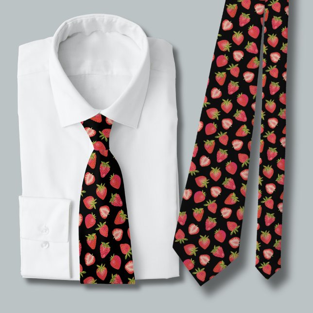 Summer Strawberry Pattern Krawatte (Strawberry pattern tie on black)