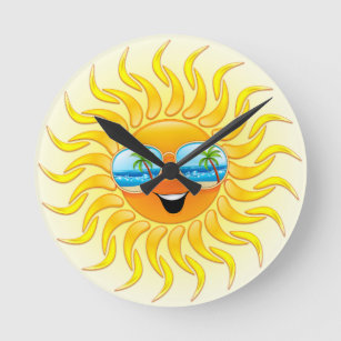 Summer Sun Cartoon mit Sonnenbrille Runde Wanduhr