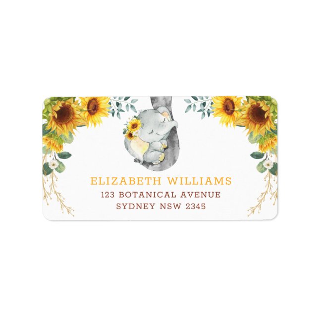Summer Sunflower Elephant Baby Greenery Geburtstag Adressaufkleber (Vorne)