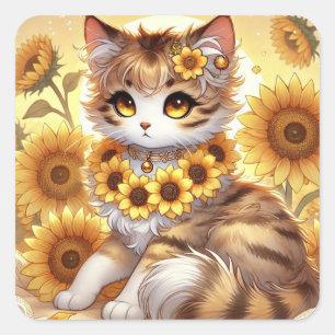 Summer Sunflower Tabby Princess Cat Quadratischer Aufkleber