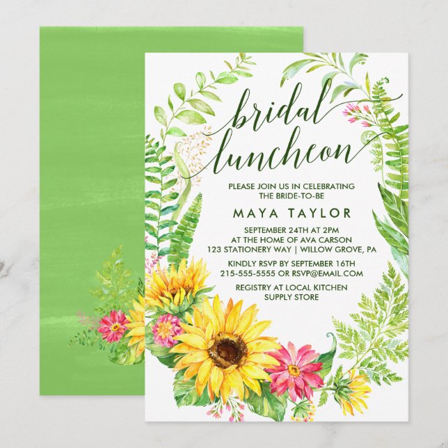 Summer Sunflower Wreath Bridal Luncheon Einladung (Vorne/Hinten)