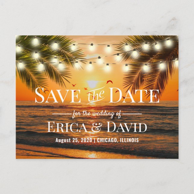 Summer Sunset Beach Hochzeit Save the Date Ankündigungspostkarte (Vorderseite)