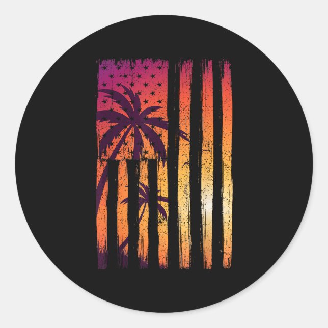 Summer Sunset Palm Trees American Flag Cooler Früh Runder Aufkleber (Vorderseite)