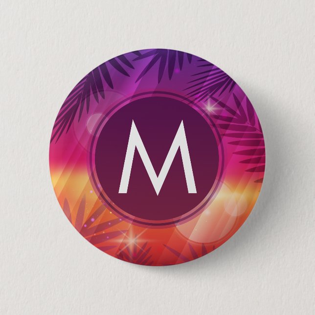 Summer Sunset Palm Trees Monogram Lila Orange Button (Vorderseite)