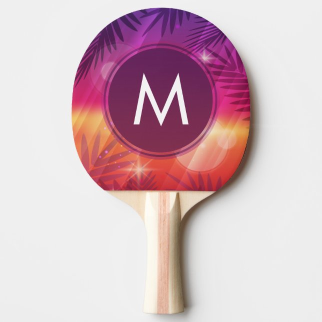 Summer Sunset Palm Trees Monogram Lila Orange Tischtennis Schläger (Vorderseite)