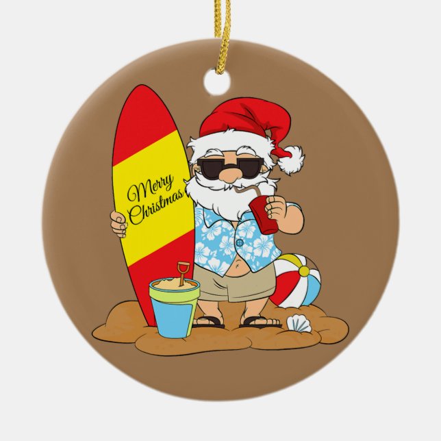 Summer Surf board beach Santa Hawaiian Christmas Keramik Ornament (Vorne)
