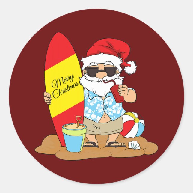 Summer Surf Board Strand Santa Hawaii Weihnachten Runder Aufkleber (Vorderseite)