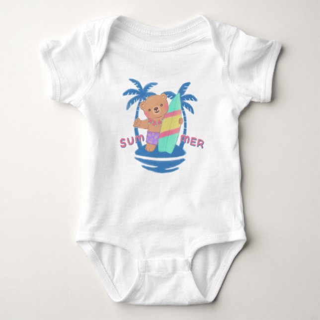 Summer Teddy Bear Surfer in Hawaii Baby Strampler (Vorderseite)