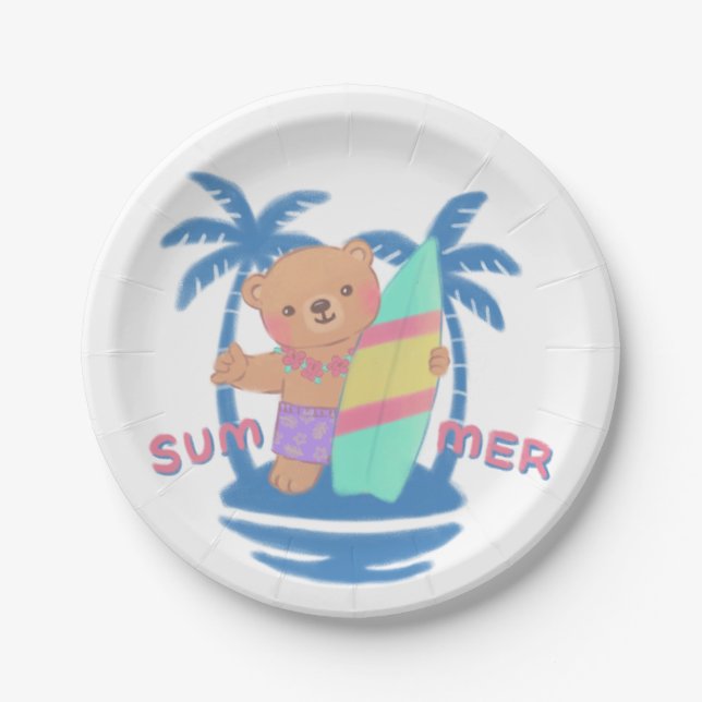 Summer Teddy Bear Surfer in Hawaii Pappteller (Vorderseite)