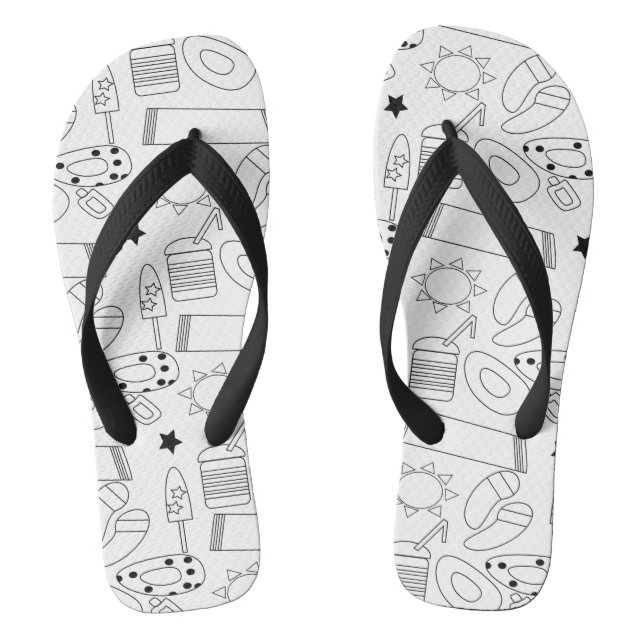 Summer Theme Beach Schwarz-weiß Name Flip Flops (Fußbett)