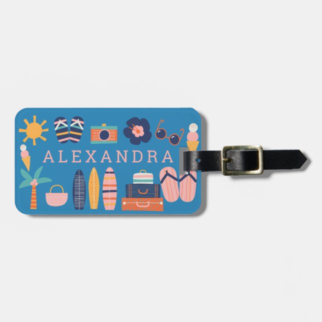 Summer Travel Thema Niedlich Blue Personalisiert   Gepäckanhänger (Vorderseite horizontal)