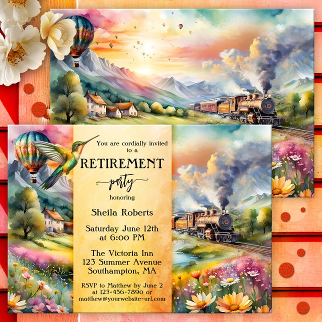 Summer Travel Watercolor Reisebüro Party Einladung (Retirement invitation showing a watercolor painting of a summer landscape with a vintage steam train)