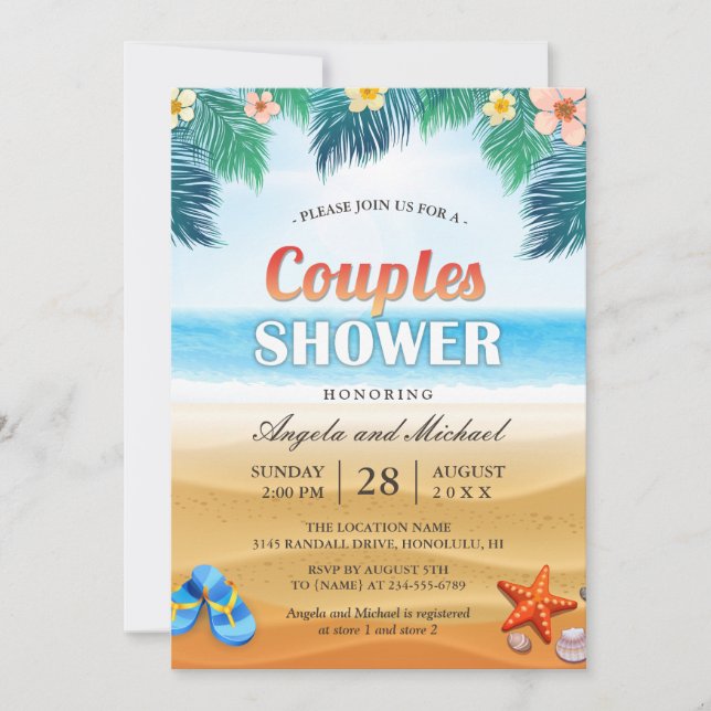 Summer Tropical Beach Paare Polterabend Einladung (Vorderseite)