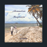 Summer Tropical Beach Wedding Wasserfarbe Custom Magnet<br><div class="desc">Summer Tropical Beach Wedding Watercolor Magnete hat ein schönes Ehepaar,  das einen romantischen Spaziergang am Strand mit Palmen,  blauem Meerwasser und Himmel genießt. Fotografie des Ehepaares unter dem Copyright Denise Bennerson,  Fotograf am wunderschönen Strand von St. Croix,  Jungfrau Islands.</div>