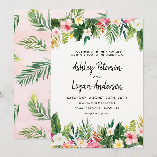 Summer Tropical Blätter Hochzeitskarte Einladung (Vorne/Hinten)