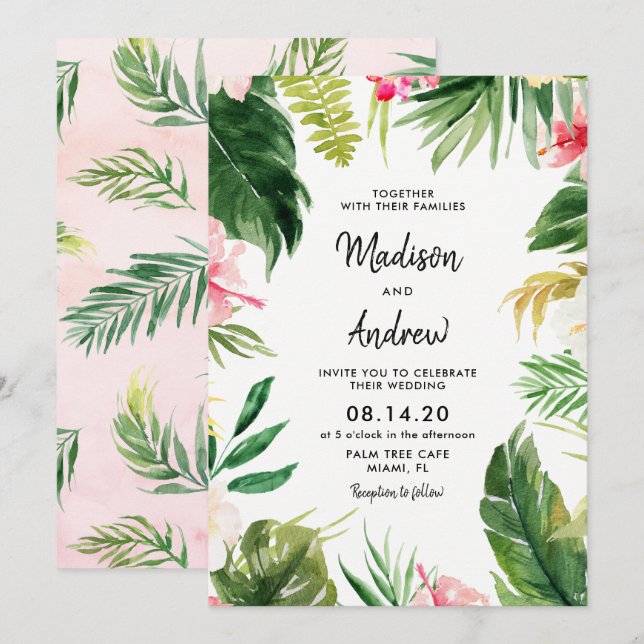 Summer Tropical Blätter Hochzeitskarte Einladung (Vorne/Hinten)