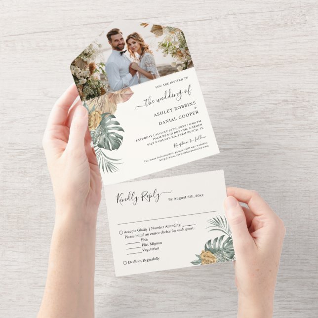 Summer Tropical Palm Blätter Hochzeit Foto All In One Einladung (Abreißen)