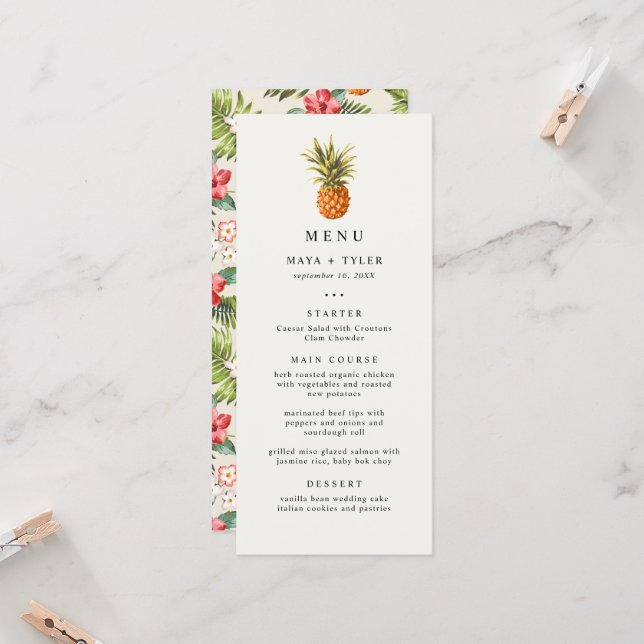 Summer Tropical Pineappy Motif Mariage Menu (Devant/Arrière en situation)