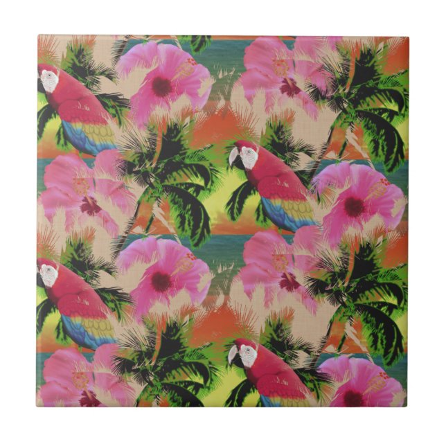 Summer Tropical Sunset Beach Parrot Fliese (Vorderseite)