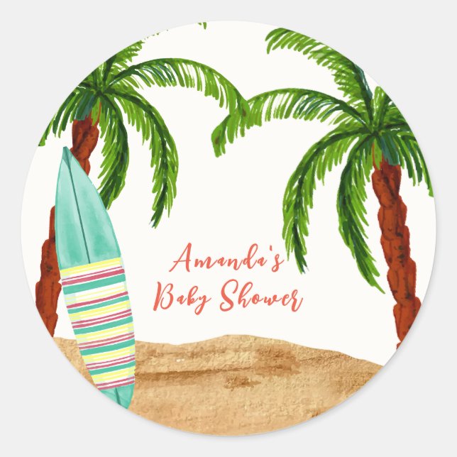 Summer Tropical Surf Baby an Bord Babydusche Runder Aufkleber (Vorderseite)