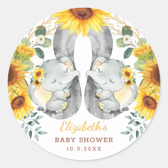 Summer Twin Elephant Babies Sonnenblumendusche Runder Aufkleber (Vorderseite)
