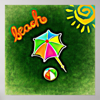 Summer Vacation Beach Umbrella and Ball Poster