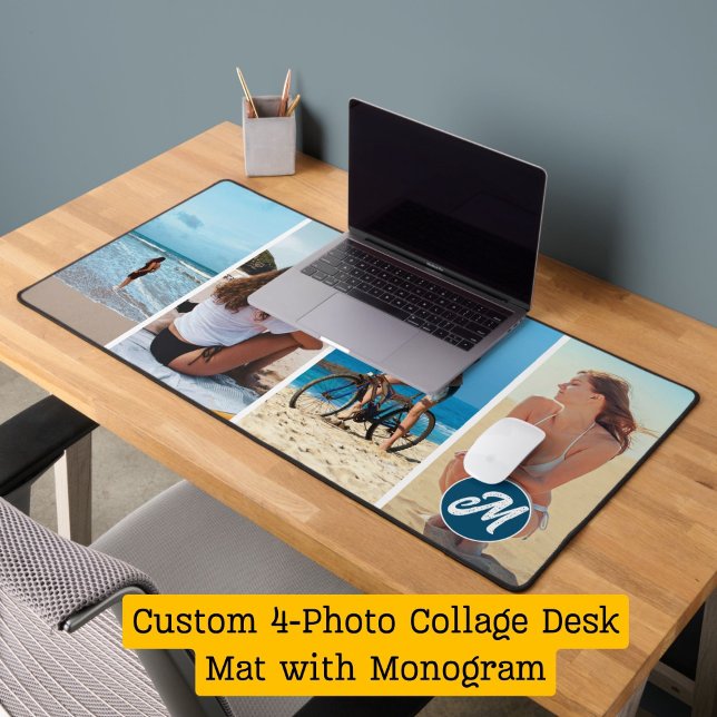 Summer Vibe: Personalisierte Fotomaterial und Mono Schreibtischunterlage (Custom 4-Photo Collage Desk Mat with Monogram)