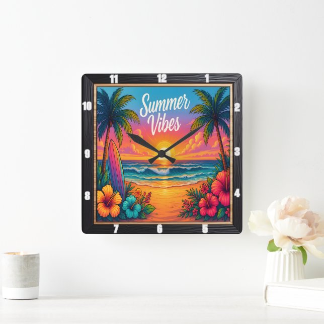 Summer Vibes Beach Surf Quadratische Wanduhr (Zuhause)