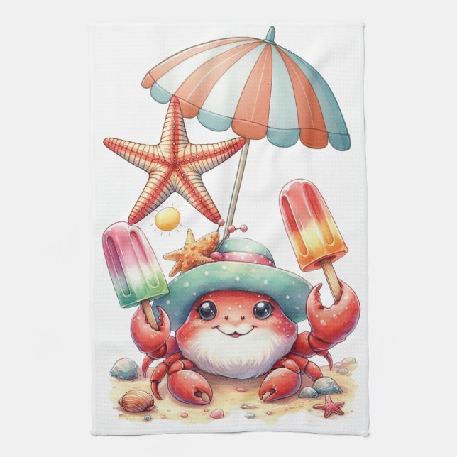 Summer Vibes Crab mit Popsicles Geschirrtuch (Vertikal)