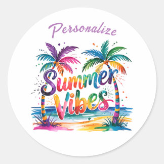 Summer Vibes farbenfrohe Palmen Ozean personalisie Runder Aufkleber