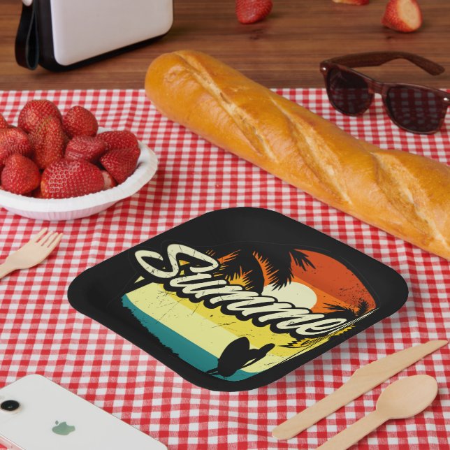 Summer Vibes Retro Silhouette Pappteller (Picknick)