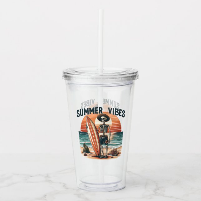 Summer Vibes Skeleton Surfer Sunset Beach Design Acryltrinkbecher (Vorderseite)
